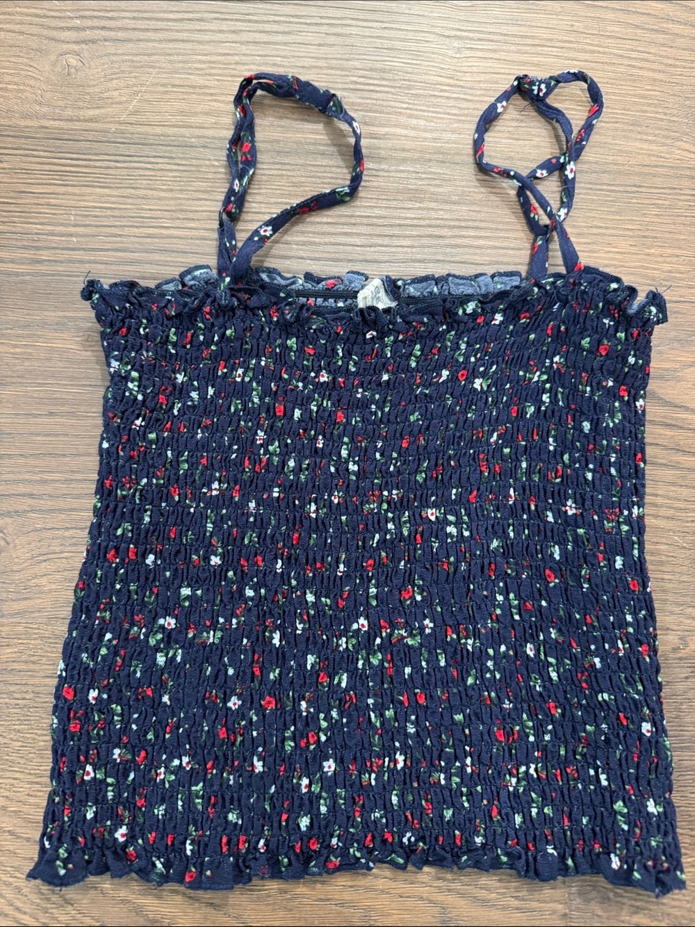 Brandy Melville Navy Floral Smocked Cami with Red and Green Accents